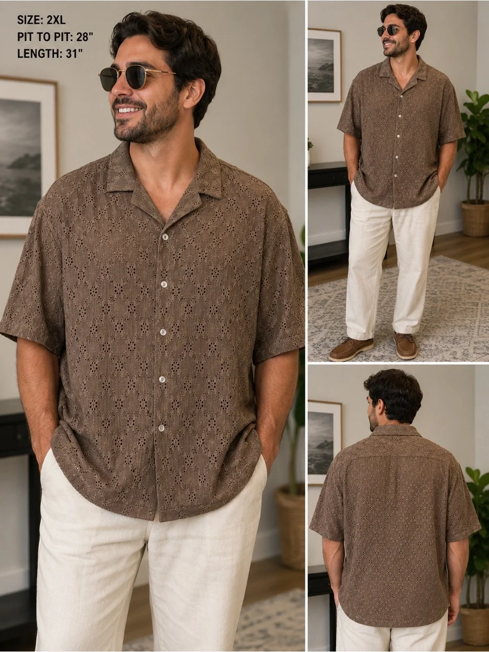 Men's Short-Sleeve Button-Up Shirt - Brown Eyelet